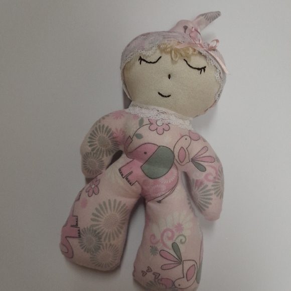 Handmade Girl First Doll 9.5 Inches. Pink and Gray Onesie with Matching Cap - Picture 1 of 4